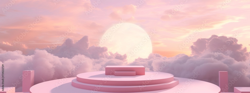 Background pink podium sky 3d platform luxury product beauty display render heaven dreamy stage. Pink stand smoke scene podium white background pastel romantic space sunset abstract backdrop light