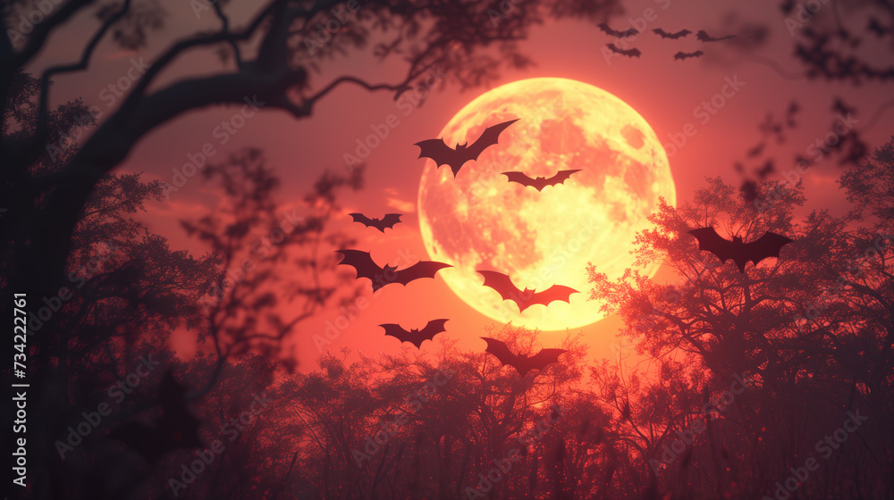Flying bats with full moon. Halloween background. 
