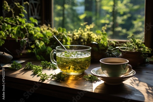 Herbal tea infusing in cup in the sunlight., generative IA
