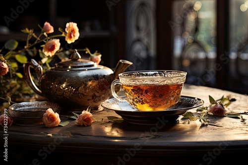 Tea cup and teapot in a soft atmosphere., generative IA