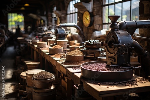 Rustic coffee mill with fresh grains., generative IA © JONATAS