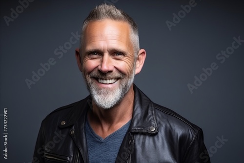 Portrait of a happy senior man in a leather jacket over grey background.