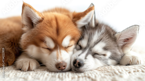 A friendly and cute Siberian Husky puppy is sleeping. Isolated on white background.