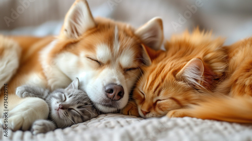 A friendly Siberian Husky puppy is sleeping and cuddling with a kitten. Isolated on white background.