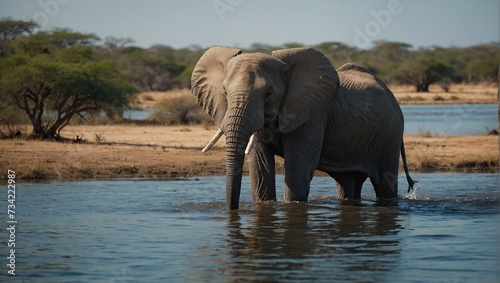 African Elephant stands at edge of water