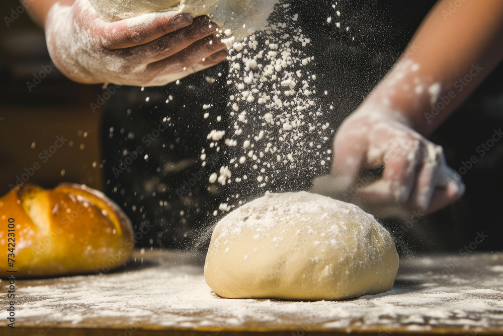 Flour being spread over fresh dough ball Flour being spread over fresh dough ball