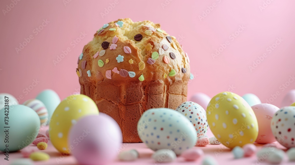 Obraz premium a bundt cake with frosting and sprinkles on a pink surface surrounded by eggs and confetti on the side of the bundts.