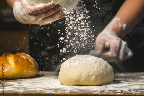 Flour being spread over fresh dough ball