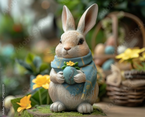 A statue of a a whimsical Easter bunny holding an Easter egg in a field of grass