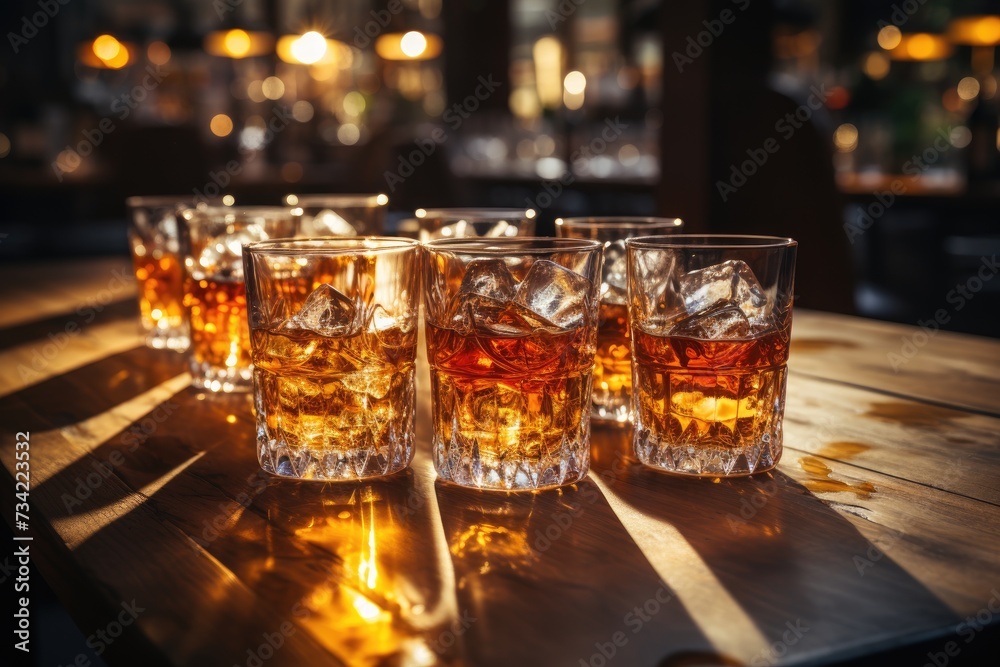 Bar counter with drinks and ice., generative IA Bar counter with drinks and ice., generative IA