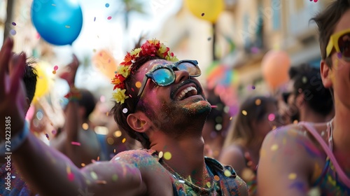 Joyful man celebrating at a vibrant festival with confetti. candid shot of excitement and fun. lifestyle and happiness captured in festive ambience. AI