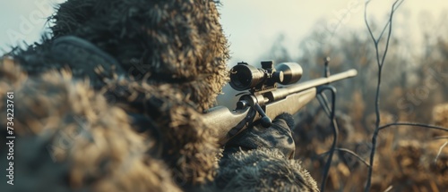 Point of View of a sniper soldier of the second world war wearing camouflage suit laying on ground hiding with sniper gun. Generative ai photo