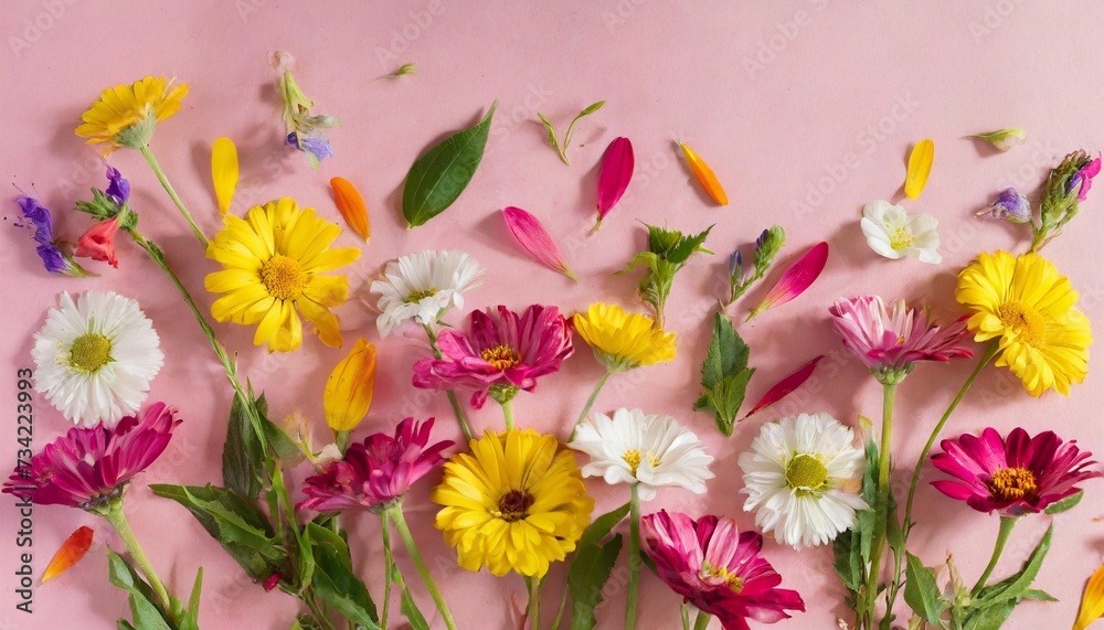 colorful spring flowers flying on a pink background summer aesthetic floral concept