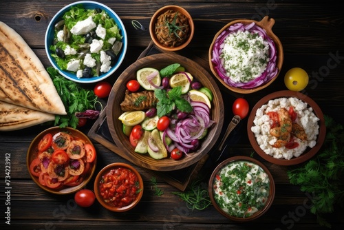 Greek food background. Meze, gyros, souvlaki, fish, pita, greek salad, tzatziki, assortment of feta, olives and vegetables.
