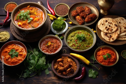 Traditional Indian dishes on the wooden table, selection of assorted spicy food
