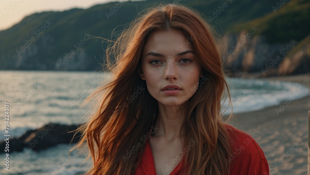 attractive young pretty woman no filter touch hair head dressed red on shore