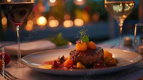 The image captures an elegant dining scene at a high-end restaurant, featuring a beautifully plated gourmet dish accompanied by a glass of fine wine. The table is set with impeccable taste, highlighti