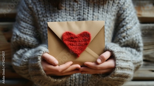  a person holding a brown envelope with a red heart on it and a brown envelope with a red felt heart in the middle of the envelope is held in their hands.