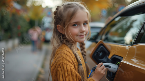 Little girl holds a wire and charges an electric car