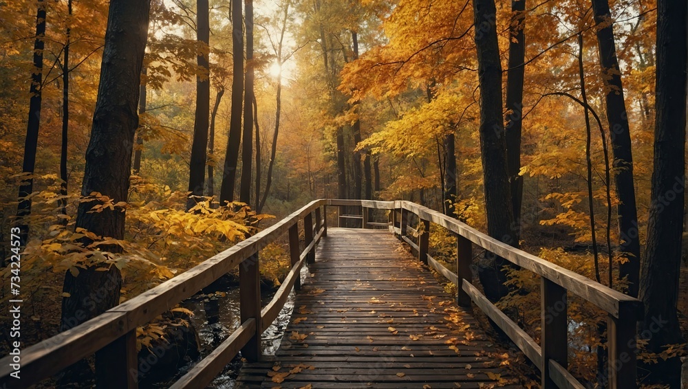 Autumn nature landscape, Lake bridge in fall forest, path way in gold woods Autumn nature landscape, Lake bridge in fall forest, path way in gold woods