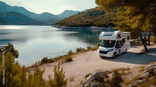 Idyllic lakeside RV camping spot. serene nature escape and recreational vehicle adventure. travel and tourism concept. AI