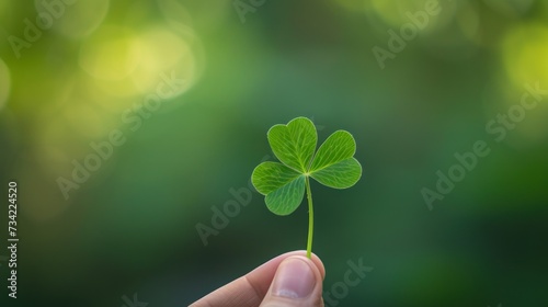  a person's hand holding a four leaf clover in front of a blurry, boke - boke - boke background of a green, boke - boke - boke - boke - boke - boke background. © Olga