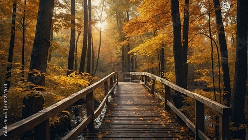 Autumn nature landscape  Lake bridge in fall forest  path way in gold woods