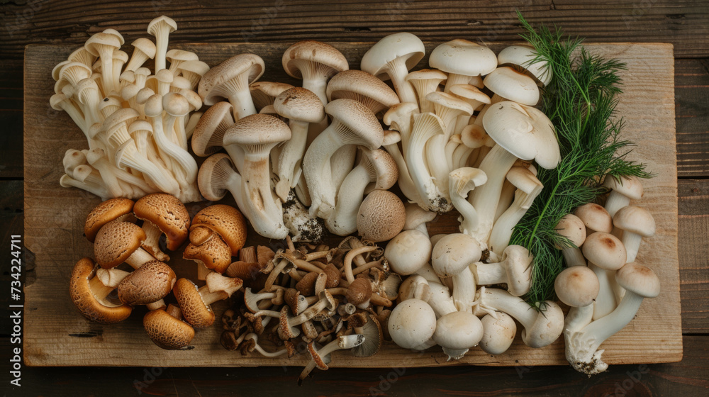 An array of assorted edible mushrooms displayed on a rustic wooden table, accompanied by green dill, showcasing the natural variety and beauty of autumn harvest. An array of assorted edible mushrooms displayed on a rustic wooden table, accompanied by green dill, showcasing the natural variety and beauty of autumn harvest.