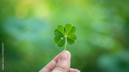  a hand holding a four leaf clover in front of a blurry background of green grass and a blurry, boke - boke - boke - boke of - boke background. © Olga
