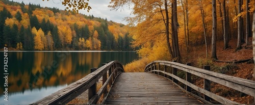 Autumn nature landscape, Lake bridge in fall forest, path way in gold woods
