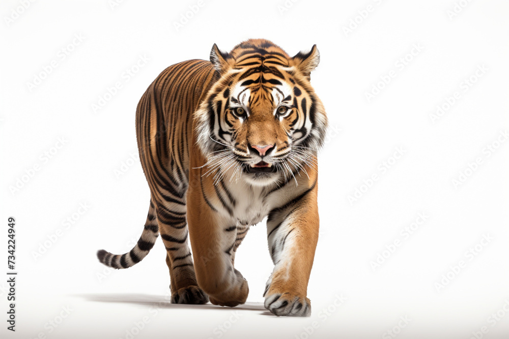 Obraz premium Tiger Charging on a White Background. Beautiful feline portrait