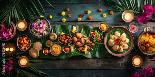 Traditional festive banquet table setting. exotic culinary experience. colorful tropical feast. celebratory meal presentation. AI photo