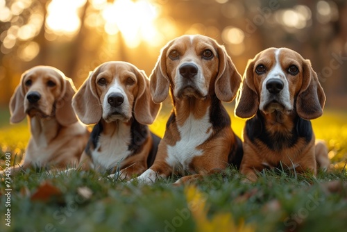 Portrait of a beagle dog in summer on a green lawn