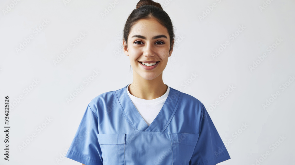 young woman with a pleasant smile, wearing a blue scrub top and a white undershirt, posing with her arms crossed against a white background young woman with a pleasant smile, wearing a blue scrub top and a white undershirt, posing with her arms crossed against a white background
