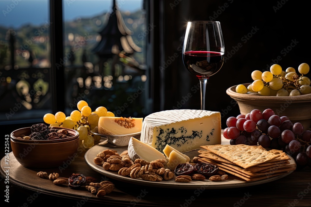 Port wine, cheese and dried fruits in harmony., generative IA