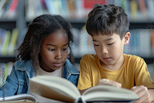 Two school kids sitting in a classroom, reading textbooks.