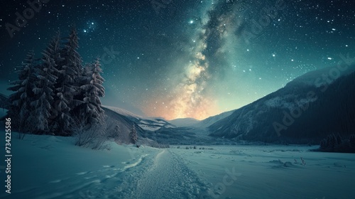  a snowy landscape with a trail leading to a forest under a night sky filled with stars and the milky in the distance with a trail running through the snow to the foreground.