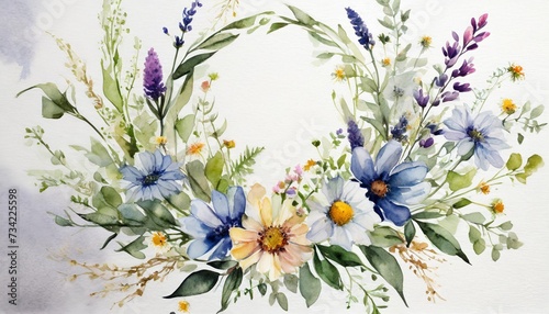 watercolor crest with wildflowers on the white background wedding design © Pauline
