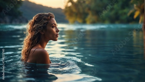 beautiful Woman enjoys serene swim in lagoon at dusk, nature's swimming pool, tranquil moment captured, wellness in natural habitat © LIFE LINE
