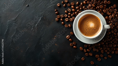 Top view of a fresh espresso surrounded by coffee beans on dark background. ideal for coffee shop menus and ads. warm and inviting. AI