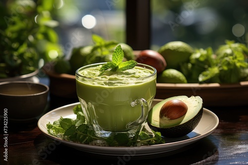 Creamy avocado juice in elegant afternoon coffee., generative IA