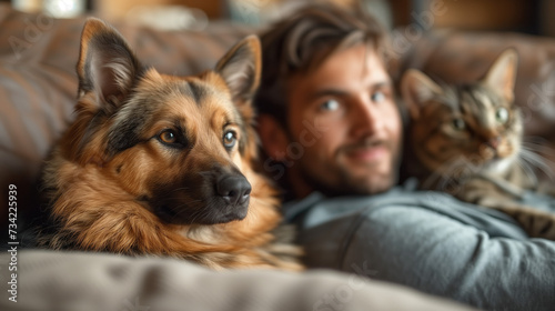 Man sitting on the sofa with cat and dog Pets in the house photo