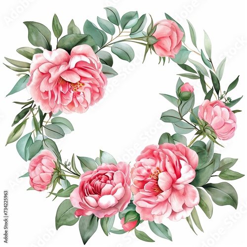 Pink floral wreath with delicate fragrant peonies flowers photo