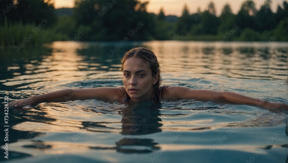 beautiful young Woman enjoys serene swim in lagoon at dusk, nature's swimming pool, tranquil moment captured, wellness in natural habitat
