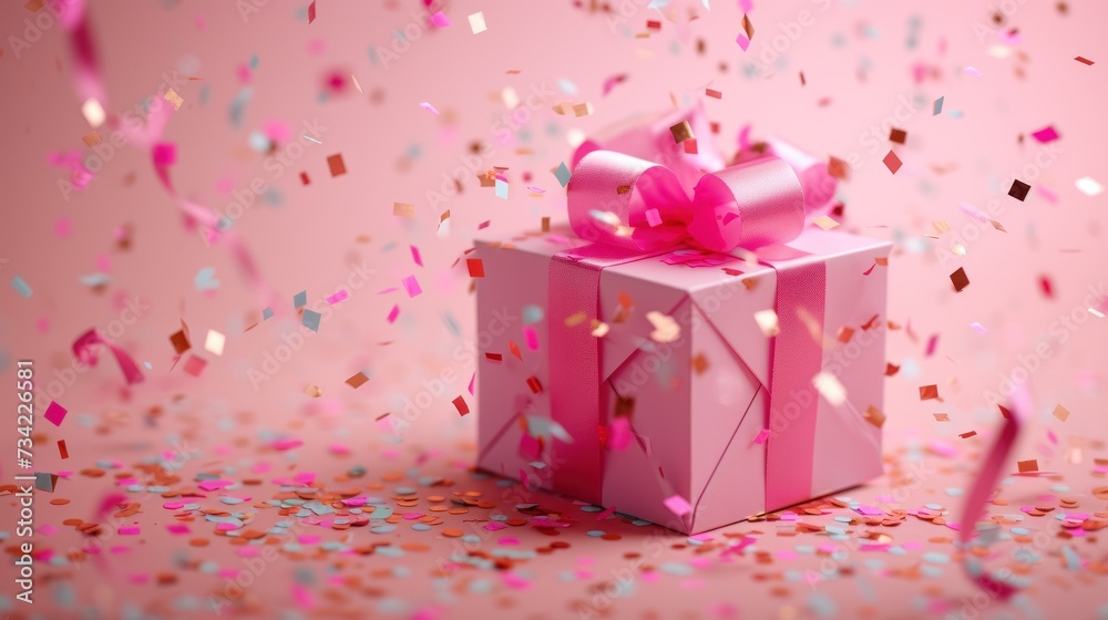  a pink gift box with a pink bow on it surrounded by confetti and confetti sprinkles on a pink background with confetti.