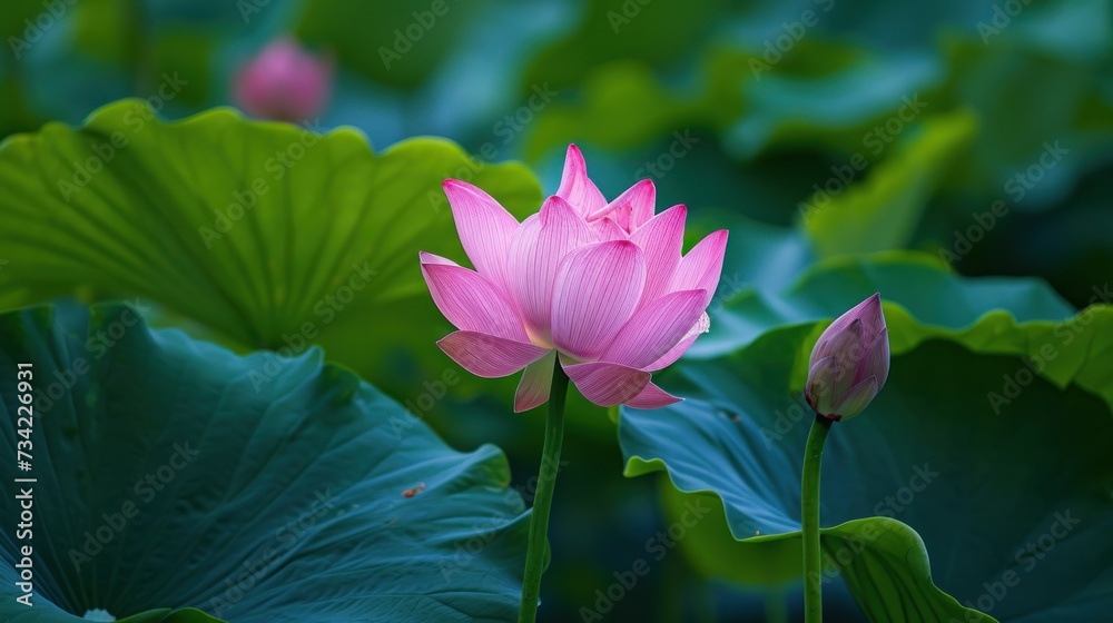 Obraz premium a couple of pink flowers sitting on top of a lush green leaf covered field of waterlily green leafy plants in front of a large leafy green leafy area.