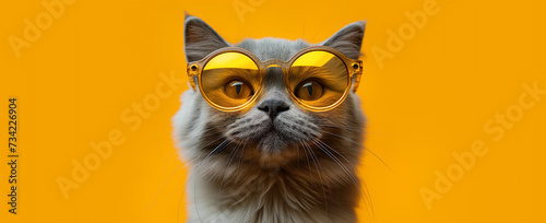 Pet Cat British Furry Fashion: Stylish Cat in Sunglasses Or Shades on Bright Yellow Background - Pet Trendsetter.