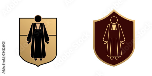 2 logos, étiquettes, écussons ou blasons pour représenter le métier d’avocat, avec un pictogramme d’un personnage vêtu de l’uniforme correspondant à son métier. photo