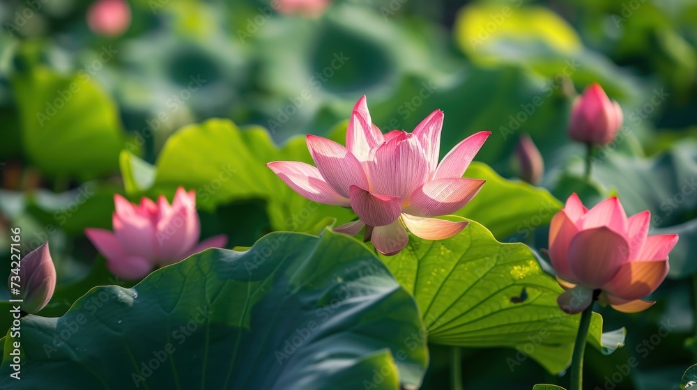  a group of pink flowers sitting on top of a lush green leaf covered field of water lilies in a sunlit, sunlit, green, leafy area.