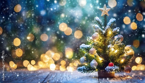 blurred soft focus christmas background with fir tree and light in bokeh home decoration in new year and christmass